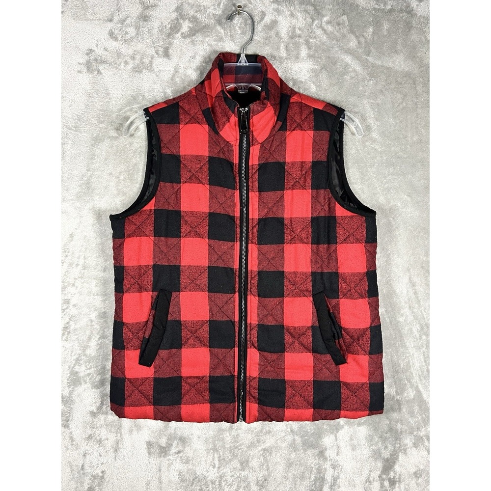 Womens Red & Black Size Small Lightly Quilted Vest Full Zipper Plaid Sleeveless